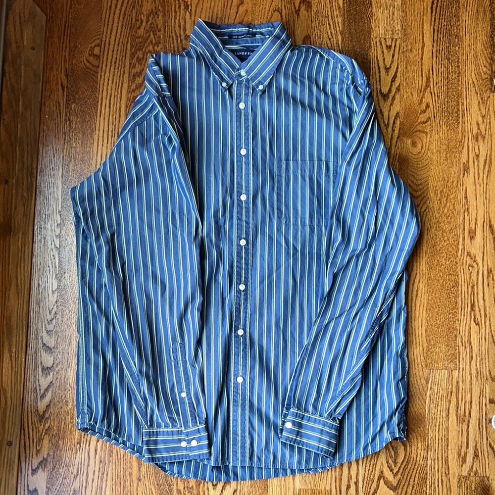 Lands’ End Blue and Green Striped Men's Dress Shirt, Size XL